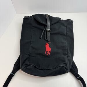 Vtg Polo Ralph Lauren Backpack Embroidered BigPony Logo Black Red Canvas Leather
